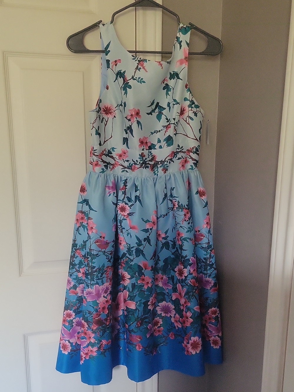 Girls' Floral Fit-and-Flare Dress in Light Blue and Pink